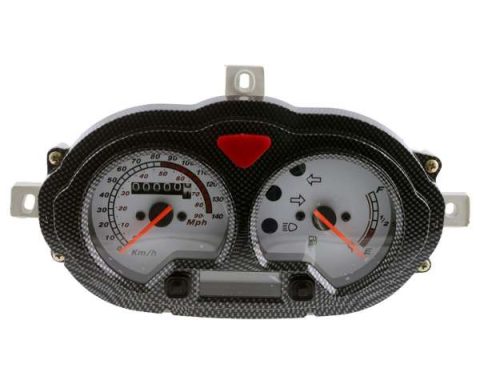 Tachometer und Geschwindigkeitsmesser mit weißen Ziffern auf schwarzem Hintergrund.