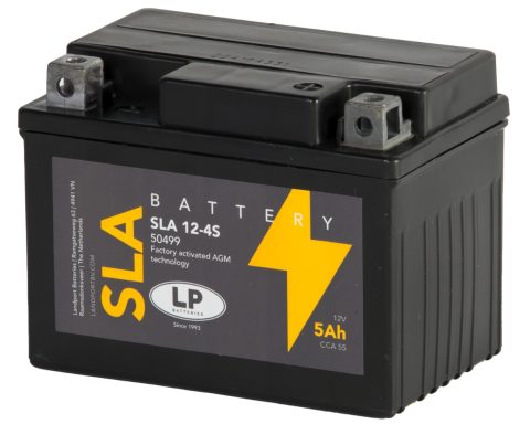 Schwarze SLA-Batterie mit gelbem Blitz-Design und technischen Angaben auf der Vorderseite.