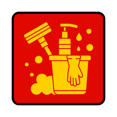 Pflege Symbol mit Reinigungswerkzeugen: Eimer, Handschuh, Sprühflasche und Wassertropfen.