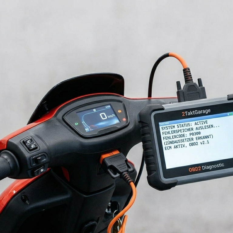 Anzeige eines E-Scooters mit einem Diagnosegerät und Bildschirmansicht.