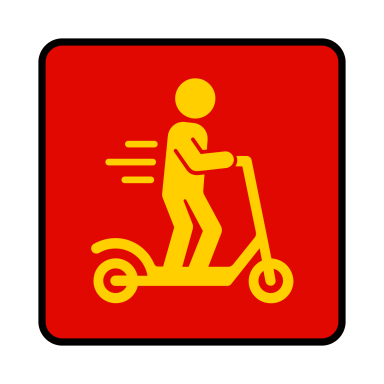 E-Scooter Service Gelbes Piktogramm eines Fahrers auf einem E-Scooter, schnell fahrend.